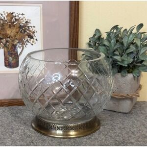 Vintage Cut Crystal Glass Rose Bowl Vase With Brass Metal Stand